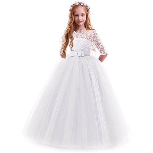 Spring Flower Girl Wedding Bridesmaid 3/4 Sleeves Kids Floral Lace Pageant Communion Princess Dress Prom Evening Dance Gown White 7-8 Years