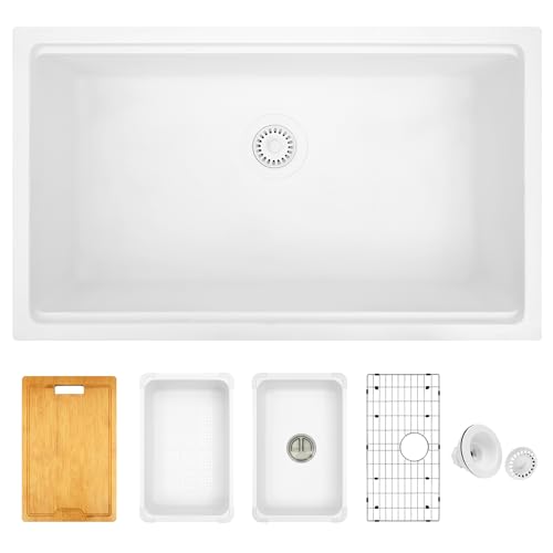 MILOSEN Undermount Kitchen Sink White 30 Inch,Deep Workstation Sink White, Large Single Bowl Kitchen Sink, Workstation Ledge Sink