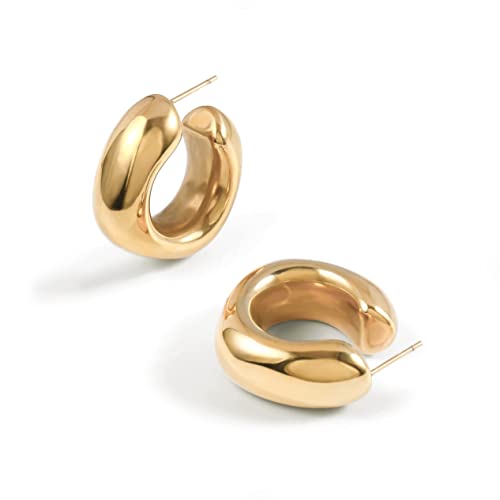 Thick Gold Chunky Hoops Earrings for Women 18K Real Gold Plated Open Hoop Lightweight Hollow Non-Tarnish Earrings For Women