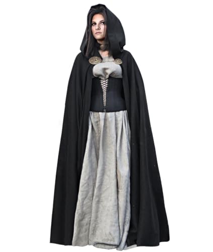 L'VOW Novelty Viking Hooded Cape Medieval Cloak with Turtle Brooch Chain Renaissance Halloween Costume(Black)