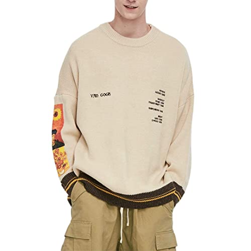 Aelfric Eden Mens Long Sleeve Van Gogh Printed Cable Knit Sweaters Casual Oversized Sweater Pullover Streewear Beige