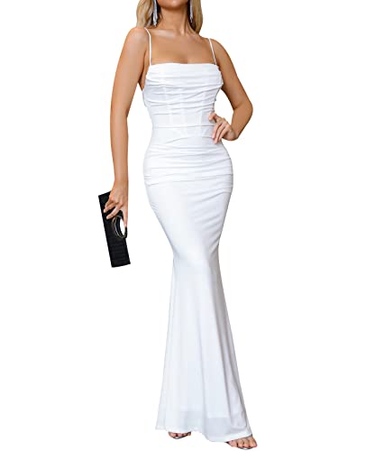 EYNMIN Women's Sleeveless Bodycon Corset Maxi Dress Spaghetti Strap Ruched Elegant Evening Party Long Dresses White L