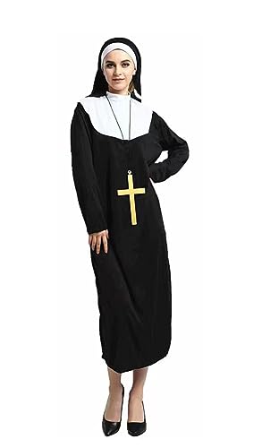 Esaleely Halloween Nun Costume for Women Cosplay Costume Dress Outfit for Role Play with Nun Hat&White Collar& Cross Pendant (M)