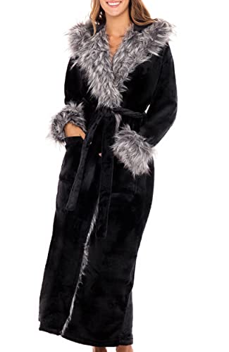 Alexander Del Rossa Women’s Robe, Warm Fleece Hooded Bathrobe with Pockets, Black with Gray Wolf Fur, Small-Medium (A0296BSGMD)