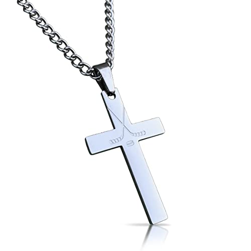 Elite Athletic Gear Hockey Cross Pendant With Chain Necklace - Stainless Steel