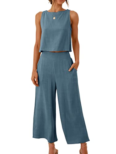 ANRABESS Women's Summer 2 Piece Outfits Sleeveless Crop Top Capri Wide Leg Pants Jumpsuit Casual Linen Lounge Matching Sets Beach Travel 2024 Trendy Clothes 546Hulv-S
