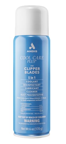 Andis 12556 Cool Care Plus 5-in-1 Clipper Blade Spray - Professional Grooming Tool with Easy Cleaning, Cooling, Disinfecting, Lubricating, and Rust Prevention – All Hairs Type, 6 Oz – Blue