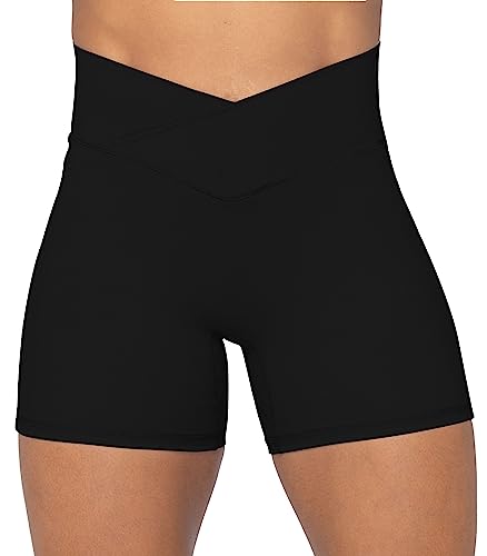 Sunzel Softmax Crossover Biker Shorts for Women, No Front Seam V High Waist Yoga Workout Gym Shorts with Tummy Control Black Medium