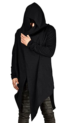 Poriff Fitted Knit Sweater Men Long Sleeve Draped Fashion Long Hoodie Thin Cardigans Black M