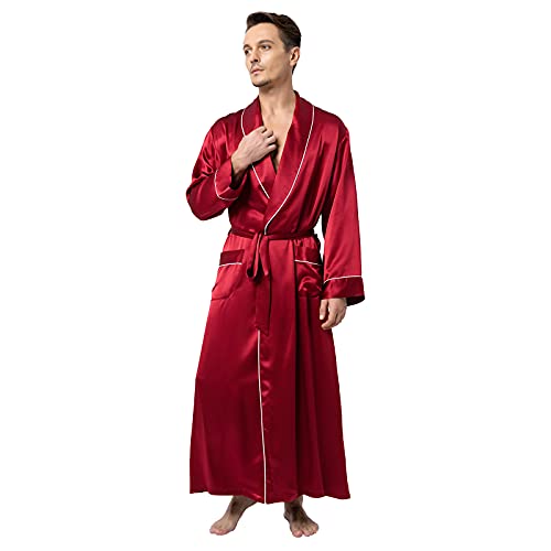 sericum Men's Silk Robes 22 Momme Full-Length Silk Robe Kimono Silk Robe with Piping Casual Long Silk Robe