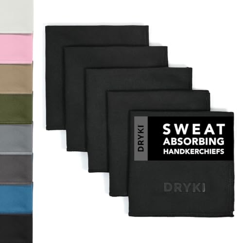 DRYKI Sweat Absorbing Handkerchiefs - The Original Sport Microfiber Hankies for Wicking Sweat from Hands, Face, Body (Classic Black, 5 pack)