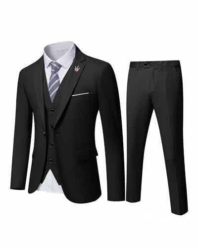 MY'S Men's Blazer Vest Pants Set, Solid Party Wedding Dress, One Button Jacket Waistcoat and Trousers, 3 Piece Slim Fit Suit with Tie Black