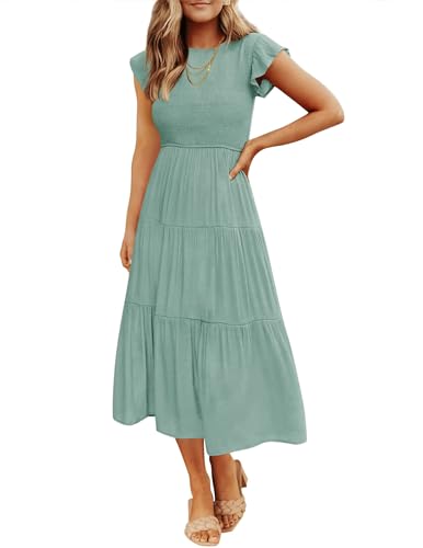 ZESICA Women's 2024 Summer Casual Flutter Short Sleeve Crew Neck Smocked Elastic Waist Tiered Midi Dress,Sage,Large