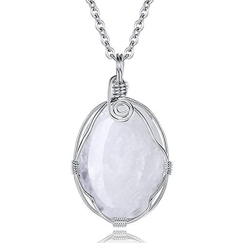 XIANNVXI Clear Quartz Healing Crystal Necklace Wire Wrapped Oval Stone Gemstone Pendant Necklaces Natural Spiritual Reiki Witchcraft Quartz Jewelry for Women Girls