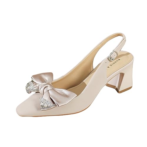QSCQ Women's Fashion Slingback Sandals Rhinestone Bowknot Closed Toe Chunky Block Heels Bridal Wedding Dress Pumps Shoes