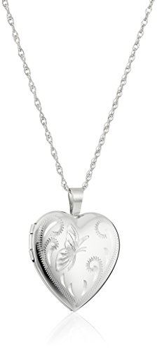 Amazon Collection Sterling Silver Heart with Hand Engraved Butterfly Locket Necklace, 18'