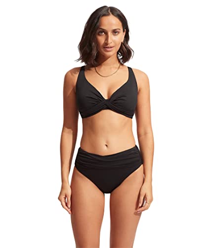 Seafolly Women's Standard High Waist Wrap Front Bikini Bottom Swimsuit, Eco Collective Black, 10