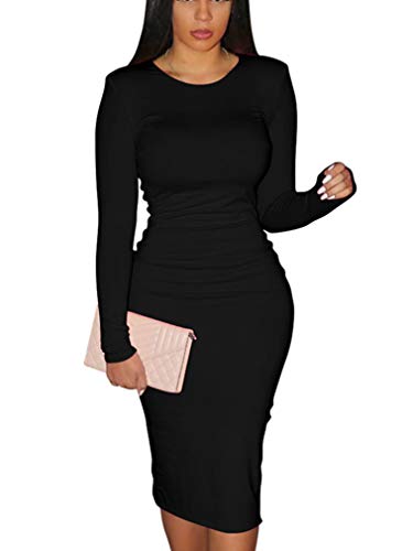 XXTAXN Women's Sexy Bodycon Long Sleeve Round Neck Work Office Midi Pencil Dress Black
