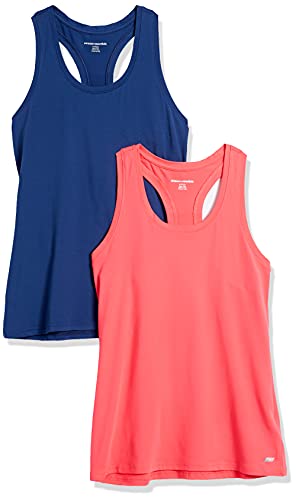 Amazon Essentials Women's Tech Stretch Racerback Tank Top (Available in Plus Size), Pack of 2, Blue/Coral Pink, Small