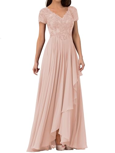 JAEDEN Mother of The Bride Dresses Chiffon - Lace Sleeves Pleat Formal Evening Gowns Blush US12