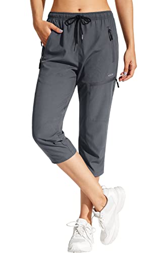 MOCOLY Women's Hiking Capris Pants Outdoor Lightweight Quick Dry Water Resistant UPF 50 Cargo Pants with Zipper Pockets Grey L