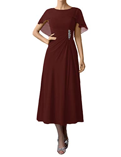 Tea Length Mother of Bride Dress Chiffon Evening Formal Dress Dark Burgundy