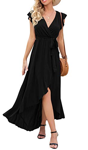GRECERELLE Women's Summer Casual Cross V Neck Dress Bohemian Flowy Long Maxi Dresses Black-X-Large