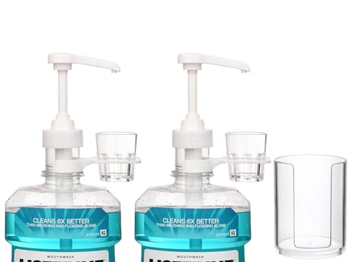 Dispenser Pumps for 1 or 1.5 Liter Listerine Mouthwash Bottles with Cup Holders, Resuable Cups and Clear Plastic Paper Cup Dispenser - Fits Total Care, Original, Zero Alcohol, Cool Mint, etc