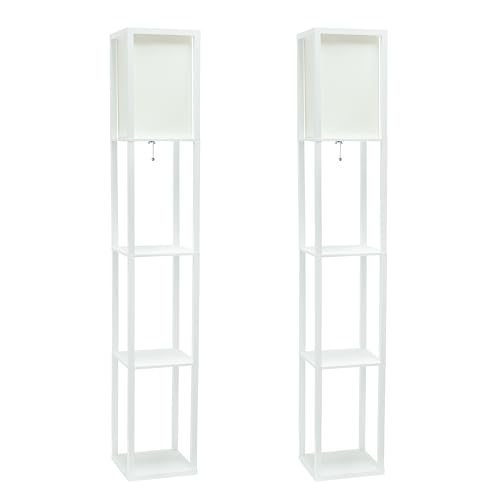 Simple Designs LF1014-WHT Etagere Organizer Storage Shelf Linen Shade Floor Lamp, White