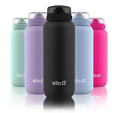 Ello Cooper 32oz Stainless Steel Water Bottle with Straw and Carry Handle, Double Walled and Vacuum Insulated Metal, Leak Proof Locking Lid with Soft Silicone Spout, Reusbale, BPA Free, Black