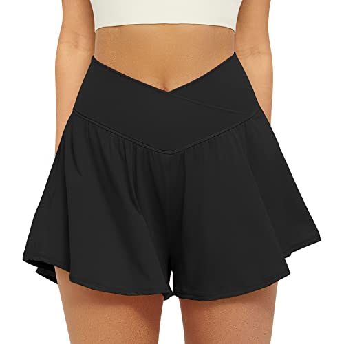 FireSwan Crossover Athletic Shorts for Women 2 in 1 Flowy Running Shorts with Pockets Spandex Butterfly Workout Tennis Skorts Black