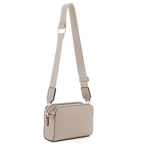 EVVE Triple Zip Small Crossbody Camera Bag with Wide Guitar Strap | Taupe