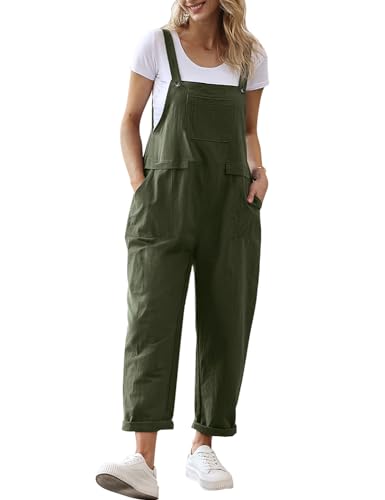 YESNO Women Long Casual Loose Bib Pants Overalls Baggy Rompers Jumpsuits with Pockets (L PV9 Dark Army Green)