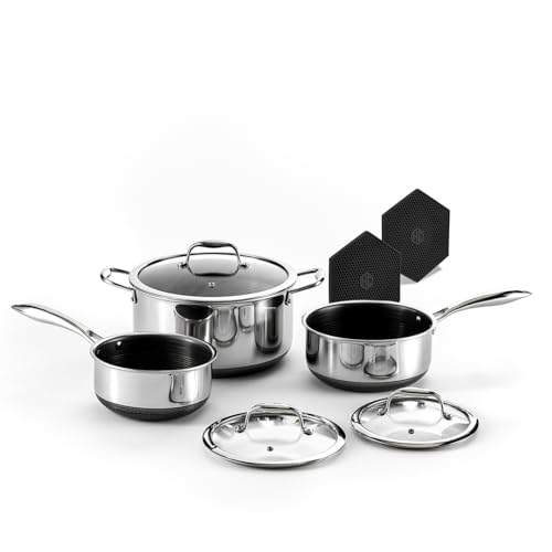 HexClad Hybrid Nonstick 6-Piece Pot Set with Trivets, 2, 3, and 8-Quart Pots with Tempered Glass Lids, 2 Silicone Trivets Included, Dishwasher Safe, Compatible with All Cooktops