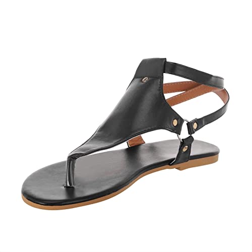 Shengsospp PU Leather Thong Sandals For Women Open Toe Summer Slide Sandals Flat Slip on Sandals Casual Cross Strappy Comfort Shoes 07_Black, 10