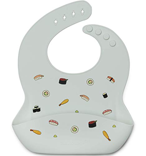 Loulou Lollipop Soft, Waterproof Silicone Feeding Bib for Babies and Toddlers 3 to 36 Months, Easy to Clean, Adjustable Fit and Catch-All Pouch - Sushi