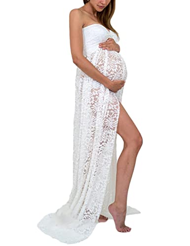 Dongpai Lace Maternity Gown Off Shoulder Front Split Sleeveless Maxi Photography Dress for Photoshoot White