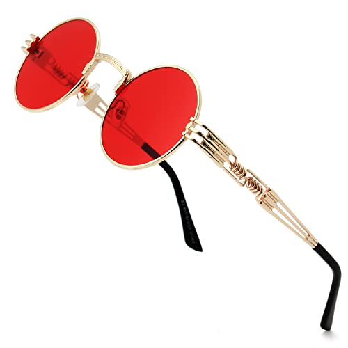 AIEYEZO Round Steampunk Sunglasses Circle Lennon Hippie Glasses Metal Frame 100% UV Blocking Lens (Gold/Ocean Red)