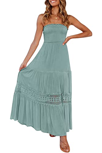 ZESICA Women's 2024 Summer Bohemian Strapless Off Shoulder Lace Trim Backless Flowy A Line Beach Long Maxi Dress,Sage,Small