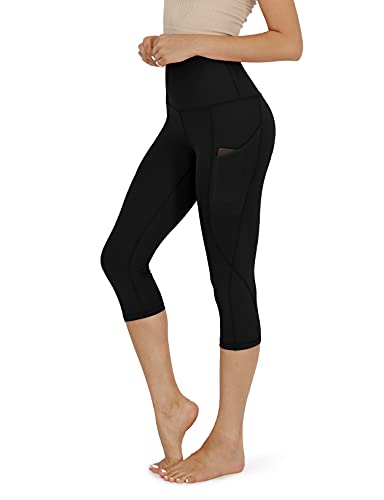 ODODOS Women's High Waisted Yoga Capris with Pockets,Tummy Control Non See Through Workout Sports Running Capri Leggings, Black,Large