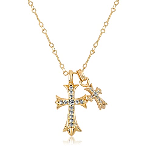 Cross Necklace 14k Gold Plated Double Cross Pendant CZ,Cubic Zirconia Cross Necklaces for Women Men Boy Jewelry Birthday Christmas Gifts