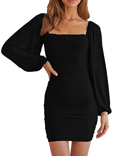 MEROKEETY Women's Square Neck Lantern Long Sleeve Mesh Ruched Bodycon Clubwear Mini Dress Black Small