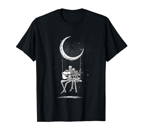 Halloween Skeleton Couple Guitar Moon Band Tee Rock And Roll T-Shirt