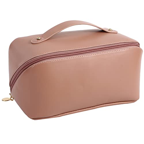 TOPALL Large Capacity Travel Cosmetic Bag, Upgrade Makeup Bag Multifunctional Storage Cosmetic Travel Bag Waterproof Portable Leather Make Up Bag for Women Girls (Naked Pink Upgrade)