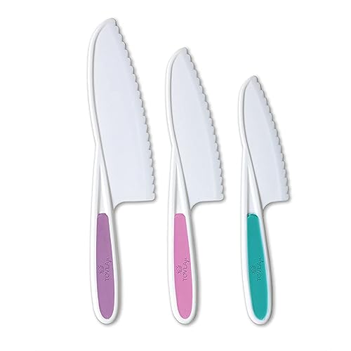 Tovla Jr. Knives for Kids 3-Piece Kitchen Baking Knife Set: Montessori Children's Real Cooking Knives in 3 Sizes & Colors/Firm Grip, Serrated Edges, BPA-Free Kids' Toddler Knives (colors vary)