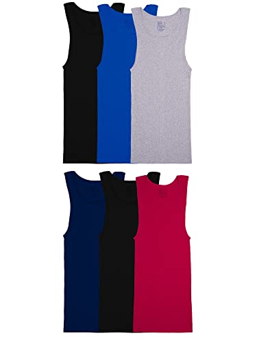 Fruit of the Loom Men's Sleeveless Tank A-Shirt, Tag Free & Moisture Wicking, Ribbed Stretch Fabric, 6 Pack-Assorted Colors, Large