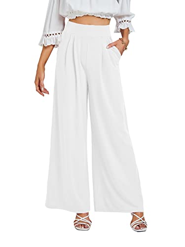 LYANER Women's Wide Leg High Waist Pleated Palazzo Pants Trousers with Pockets White Large