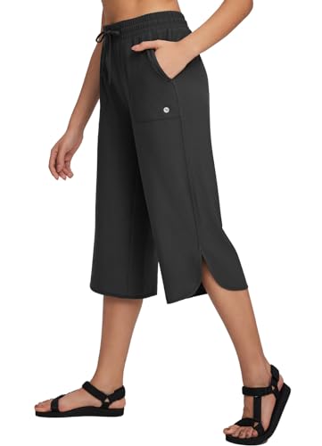 BALEAF Women's Hiking Pants Capri Wide Leg Lightweight Pants Plus Size UPF50+ Quick Dry Casual Sweatpants Walking Black XXL