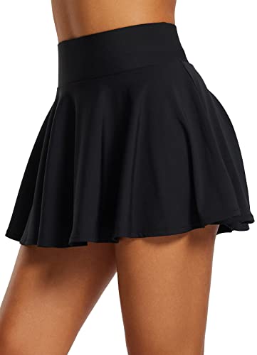 BALEAF Tummy Control Tennis Skirts for Women High Waisted Flowy Pleated Golf Skorts Skirts with Shorts 2 Inner Pockets Black L