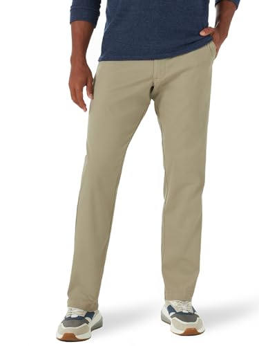 Lee Men's Extreme Motion Flat Front Relaxed Taper Pant, Khaki, 38W x 32L